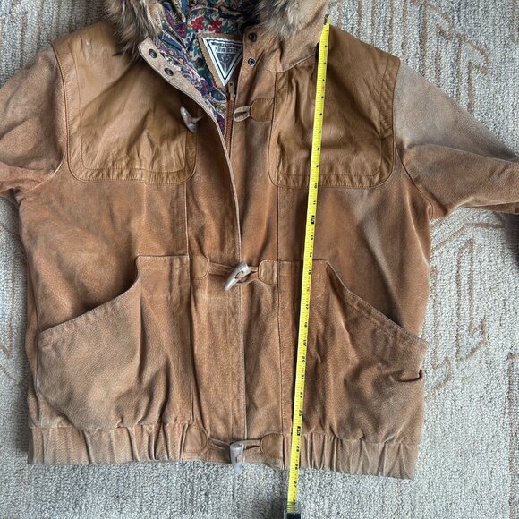 Vintage Brown Suede & Leather Fur Hood Parka 90s Streetwear Cabincore Jacket L - Picture 14 of 16